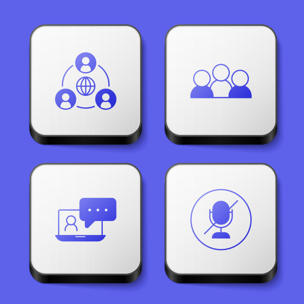 设置会议、视频聊天和静音麦克风图标。白色方形按钮。向量图片下载