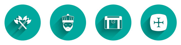 交叉中世纪斧头，国王与皇冠，古董宝箱和十字军长阴影图标。向量图片下载