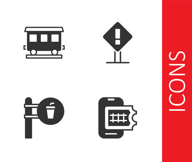 设置网上订票，客运列车车厢，咖啡馆和餐厅的位置和感叹号广场图标。向量图片下载