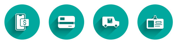 设置移动购物，信用卡，送货卡车和标识徽章图标与长阴影。向量图片下载