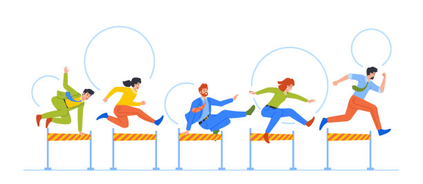 商务人士与障碍赛跑，克服挑战。团队合作、领导力和克服图片下载