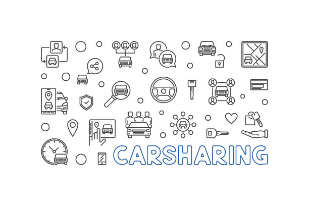 共享汽车概念最小水平插图-共享汽车矢量线横幅图片下载