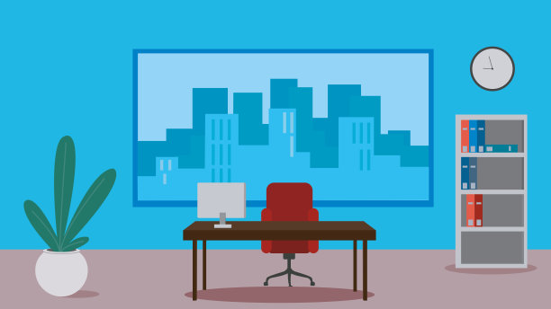 工作场所平面彩色矢量插图与城市景观的背景。图片下载