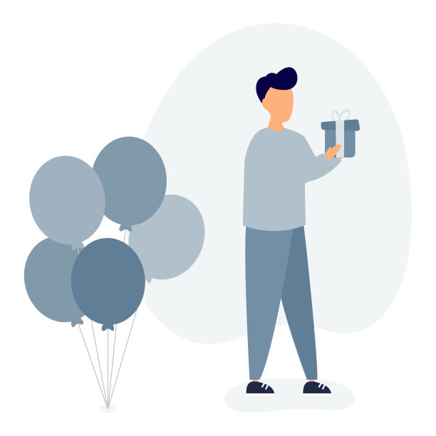 男孩拿着生日礼物盒。庆祝生日的概念。生日快乐。年轻人站在气球旁边。图片下载