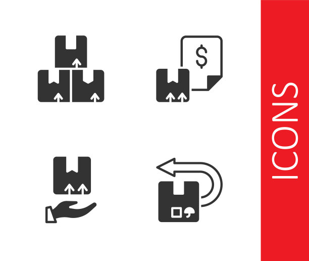 设置返回纸箱，纸箱，送货手和运单图标。向量图片下载