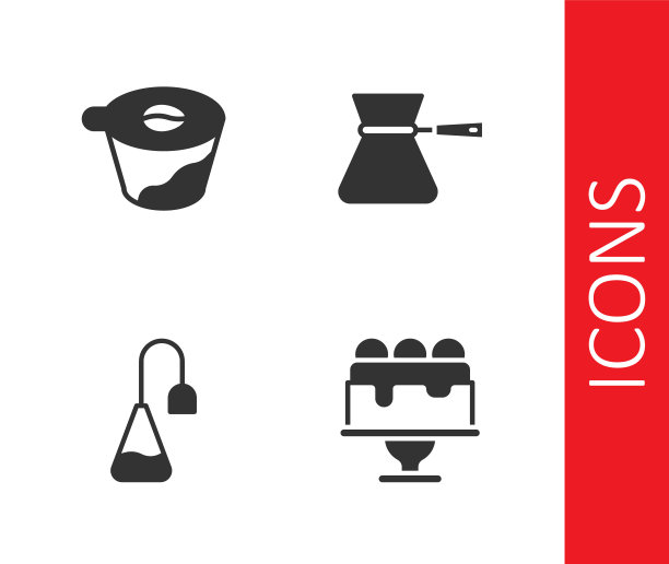 集蛋糕，倒在咖啡机，茶包和咖啡土耳其图标。向量图片下载