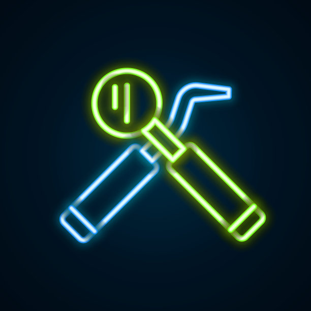 发光的霓虹灯线牙科检查镜和探头图标隔离在黑色背景上。Explorer标量。工具牙科检查。彩色轮廓概念。向量图片下载