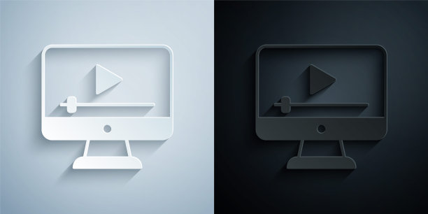 剪纸在线播放视频图标孤立在灰色和黑色背景上。带播放标志的胶片条。纸艺术风格。向量图片下载