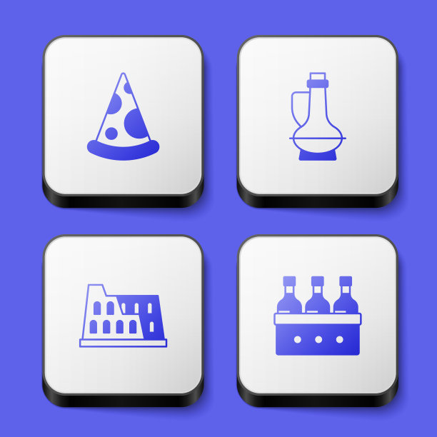 集披萨片，瓶橄榄油，斗兽场和瓶酒图标。白色方形按钮。向量图片下载