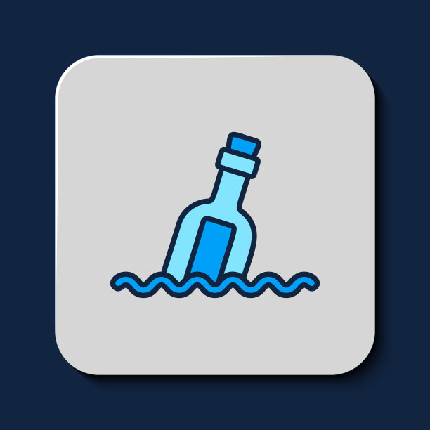 充满轮廓玻璃瓶子与一个信息在水图标隔离在蓝色背景。瓶子里的信。海盗的象征。向量图片下载