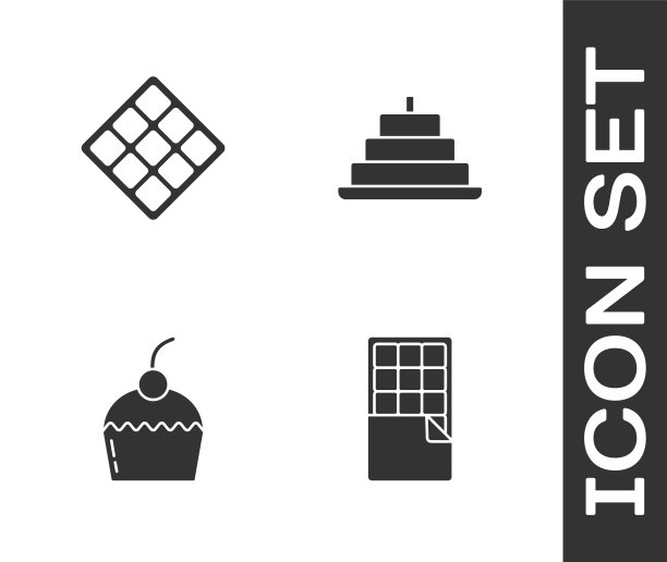 设置巧克力棒，华夫饼，蛋糕和燃烧的蜡烛图标。向量图片下载
