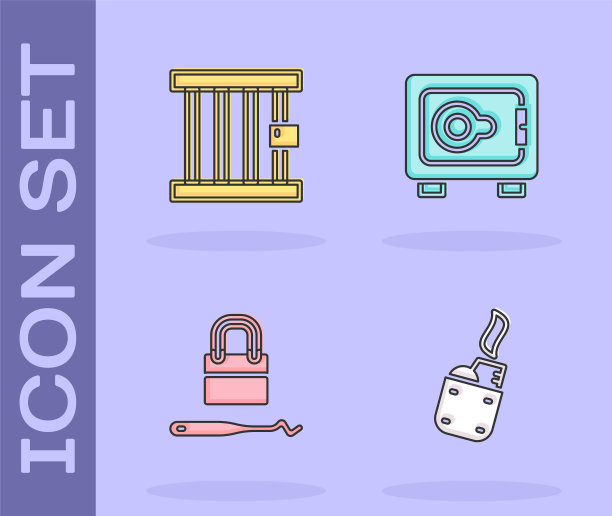 设置打火机，监狱窗口，开锁工具和安全图标。向量图片下载