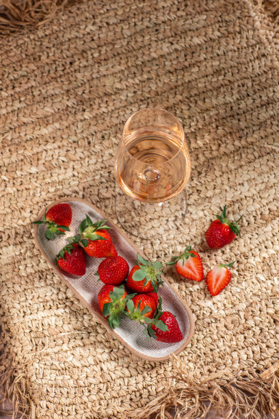 rosé wine glass on mediterranean table with strawberry fruits in sunshine图片下载