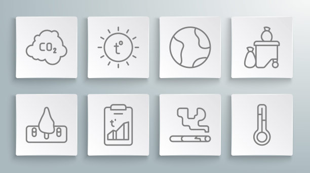 集线森林砍伐，太阳，全球变暖，香烟，气象温度计，地球地球仪，完整的垃圾箱和二氧化碳排放云图标。向量图片下载