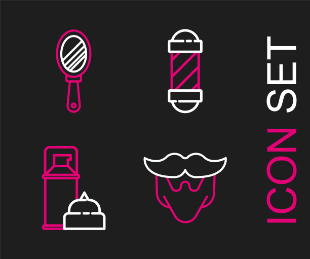 集线胡子和胡子，剃须凝胶泡沫，经典理发店杆和手镜图标。向量图片下载