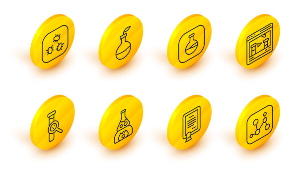 设置线化学公式，证书模板，试管烧瓶着火，和，在线，植物育种和细菌图标。向量图片下载