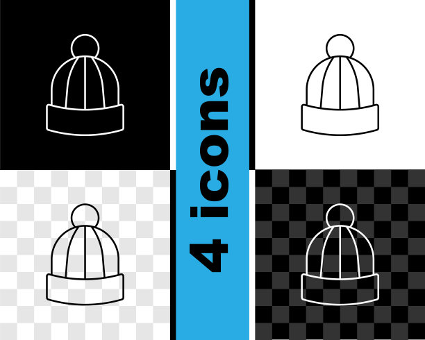 集行冬帽图标隔离在黑白、透明的背景上。向量图片下载