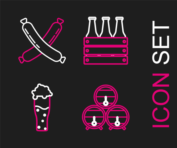 设置线木桶上架与旋塞，啤酒，包装瓶和交叉香肠图标。向量图片下载