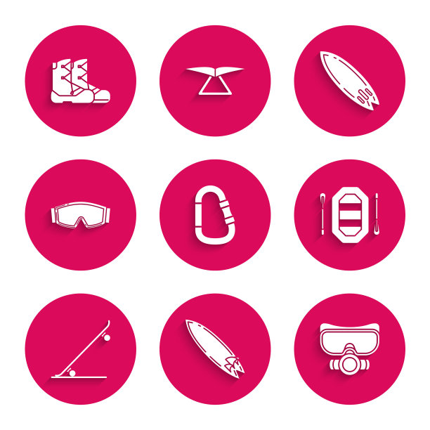 设置钩，冲浪板，潜水面具，漂流船，滑板，滑雪镜，和靴子图标。向量图片下载