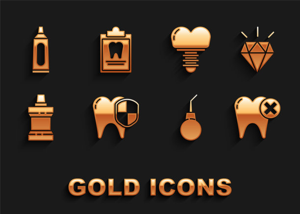 设置牙齿保护，钻石牙，龋齿牙，灌肠梨，漱口水塑料瓶，种植体，牙膏管和剪贴板牙卡图标。向量图片下载