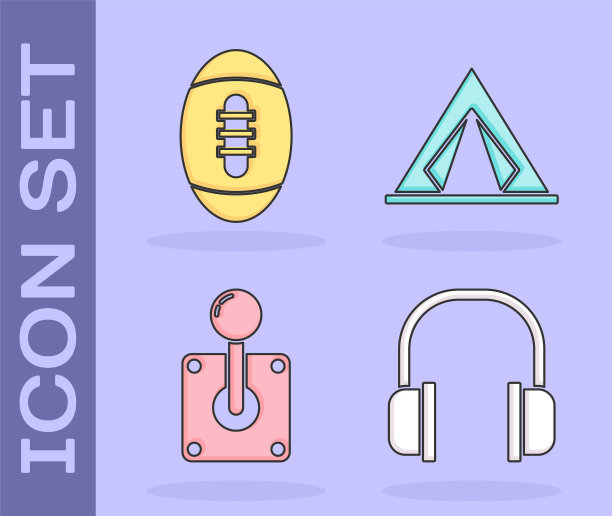 设置耳机，美式足球，摇杆为街机和旅游帐篷图标。向量图片下载