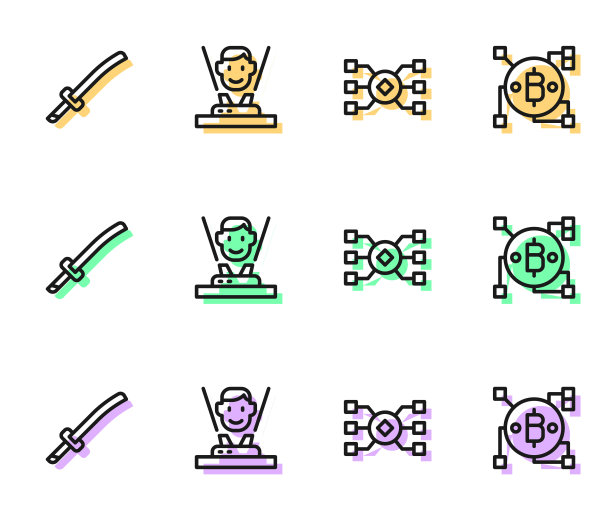 集线神经网络，武士刀，全息图和区块链技术比特币图标。向量图片下载