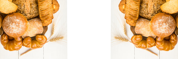 面包，意大利酥皮面包和甜点放在白色的。文本的空闲空间。宽的照片。拼贴画。图片下载