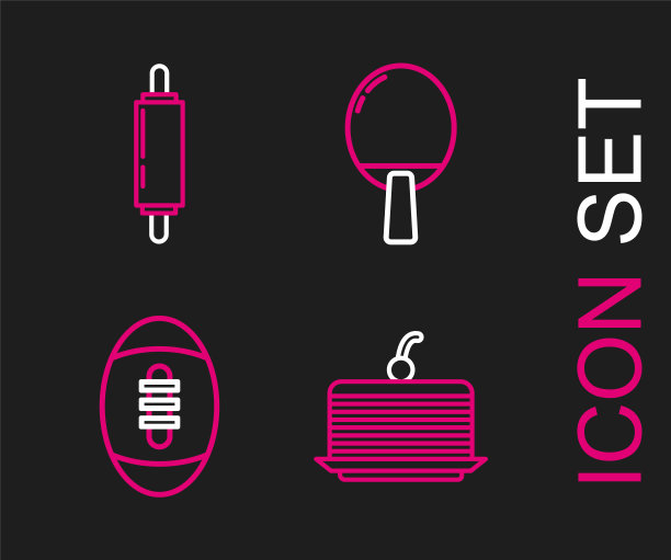 集线蛋糕，美式足球，球拍打乒乓球和擀面杖图标。向量图片下载