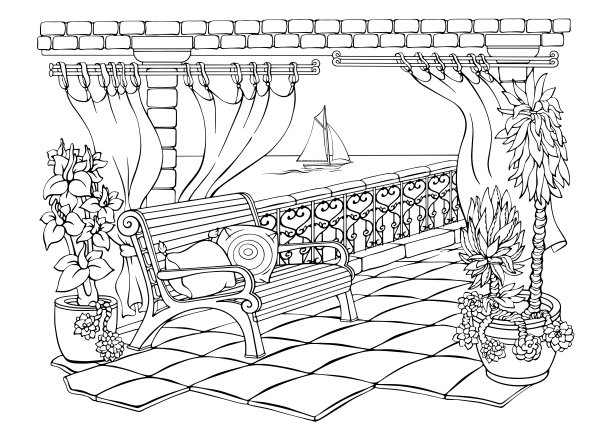 浪漫的秘密花园。上色页与露台长椅。矢量插图。图片下载