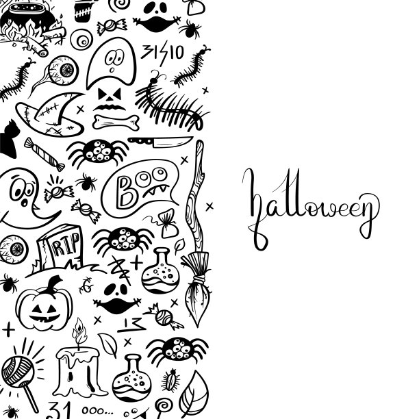 矢量手绘背景。设置万圣节图片在涂鸦风格。线条艺术插图图片下载