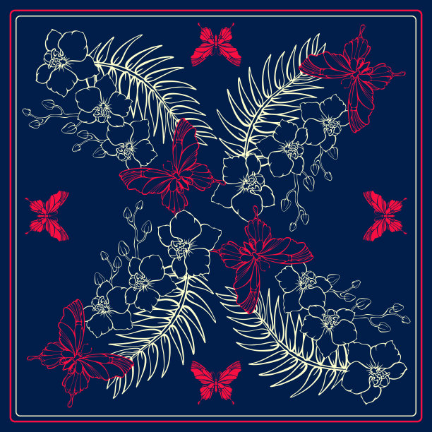 植物方形图案与热带花卉和蝴蝶。大手帕。向量。图片下载