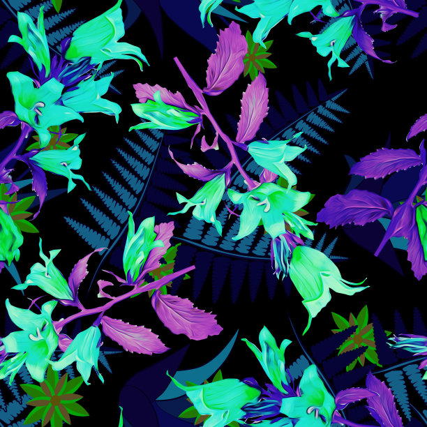 钟形花与蕨类剪影无缝模式。图片下载