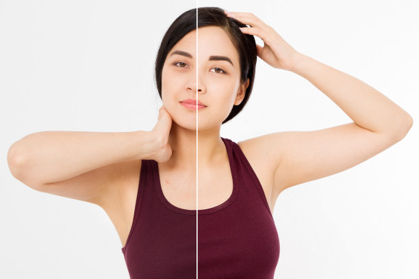 亚洲女性面孔前后特写。整容前后对比。皮肤护理皱纹脸，黑眼圈。前后抗衰老整容治疗。面部护肤美容轮廓图片下载