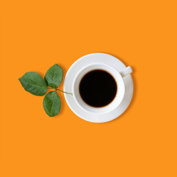 一杯黑咖啡在橙色背景与绿叶的俯视图，库存照片图片下载