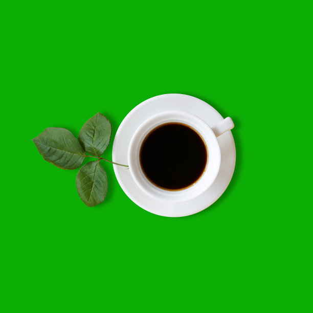 一杯黑咖啡在绿色背景与绿叶的俯视图，库存照片图片下载