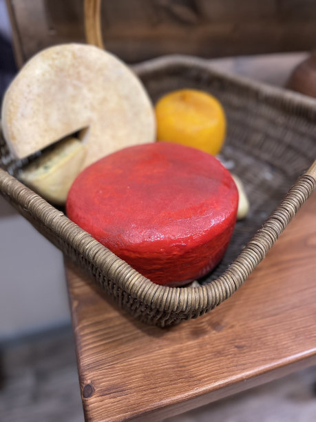 把不同种类的奶酪放在一个篮子里。不同种类的美味奶酪。瑞士，法国，意大利和荷兰奶酪的集合。乳制品。各种各样的奶酪。库存图片图片下载