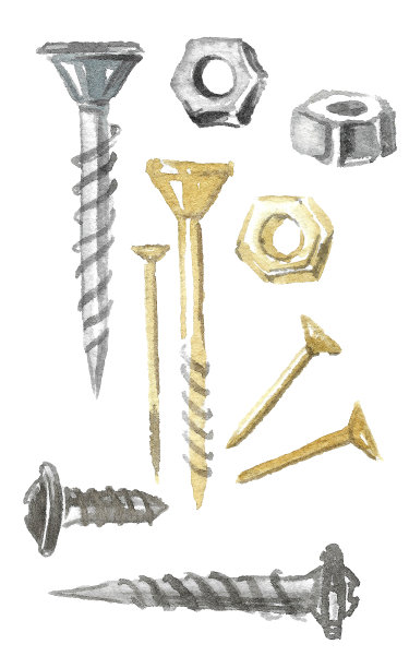一套钢和金的钉子，螺丝和螺母。图片下载