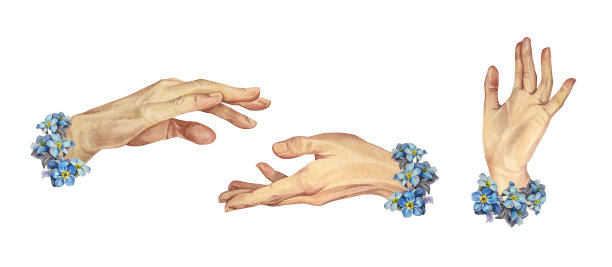 设置水彩画伸出的人的手与蓝色的花朵孤立在白色的背景。手绘的帮助或善意的手势与勿忘我。指甲，化妆品，庆祝婚礼的剪纸图片下载