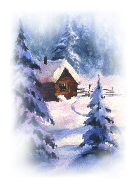 水彩手绘冬季景观。水彩的圣诞节。冬天的房子在雪地里。图片下载