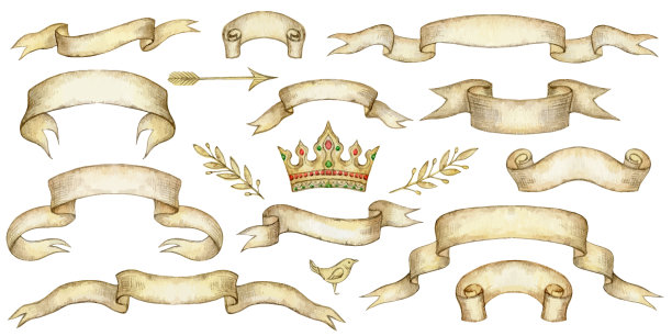 水彩矢量在白色背景上孤立的复古风格的横幅和丝带。设计明信片，剪贴簿，礼品项目，计划，博客，贺卡，diy和其他项目。图片下载