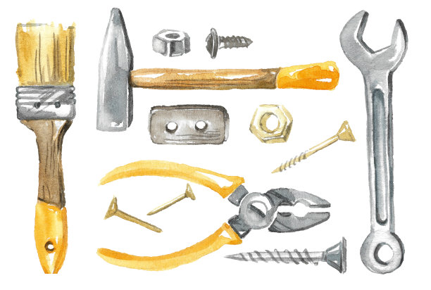 一套工业工具:钳子和一把黄色手柄的锤子，一把灰色扳手，螺丝和螺母，一把油漆刷。图片下载