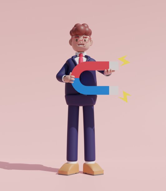 拿着磁铁的帅气卡通人物。3 d演示。图片下载