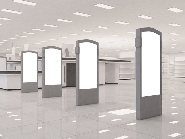 防盗报警探测器在购物中心、杂货店或超市入口处贴空白海报。三维效果图图片下载