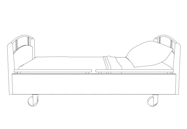 白色背景上隔离的黑线勾勒出一张医院病床的轮廓。侧视图。矢量插图。图片下载