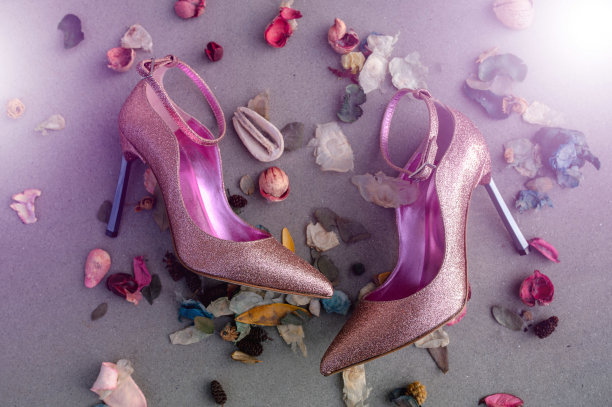 顶部视图的粉红色闪闪发光的高跟鞋与花瓣周围图片下载