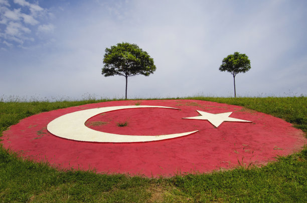 在土耳其黑海沿岸的特拉布宗，草地边缘的土耳其国旗。图片下载