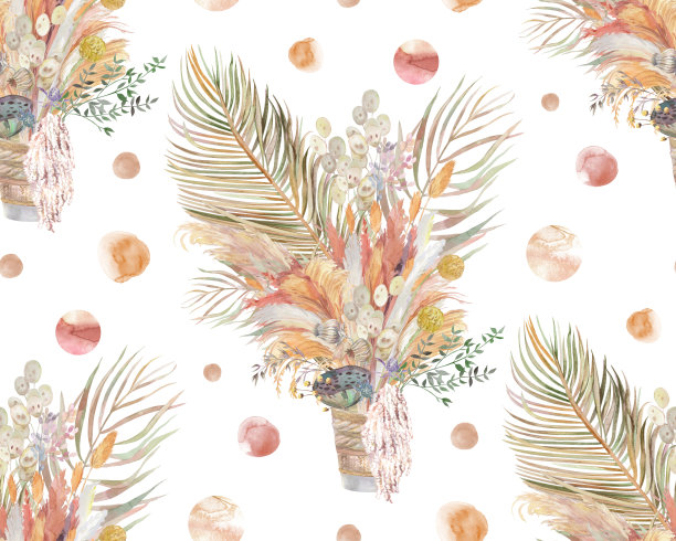 无缝水彩植物图案与热带花束和棕榈叶在波西米亚风格图片下载