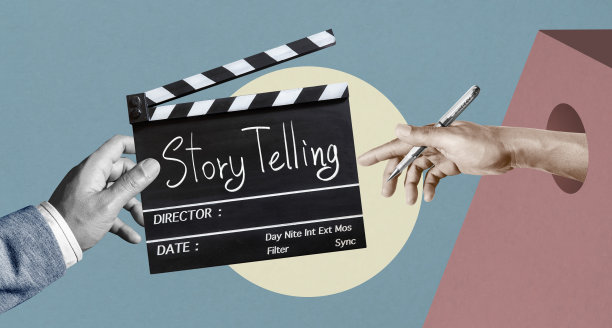 电影石板或电影克拉珀板上的故事讲述文本标题的电影人和电影工业。抽象艺术拼贴画。图片下载