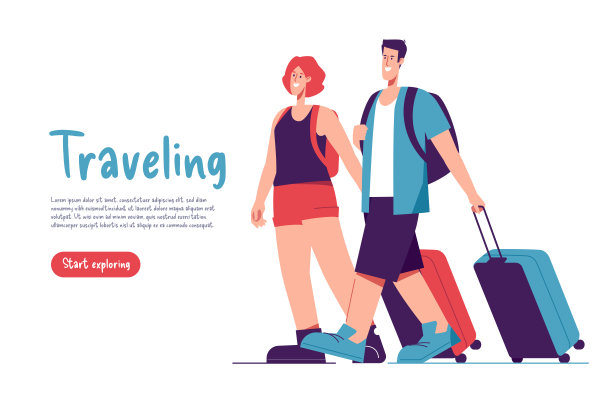 矢量插图行走的游客夫妇旅行者背包和手提箱图片下载