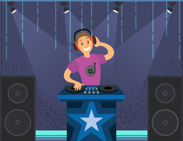 在俱乐部概念担任dj。年轻的微笑男子卡通人物站在音乐混合图片下载